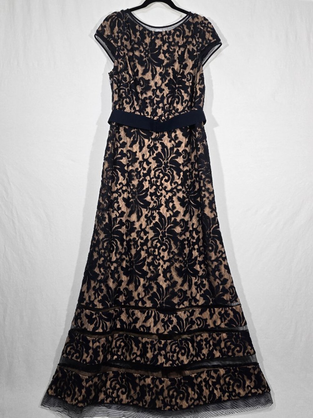 Tadashi Shoji Black Floral Lace Overlay on Nude Evening Gown